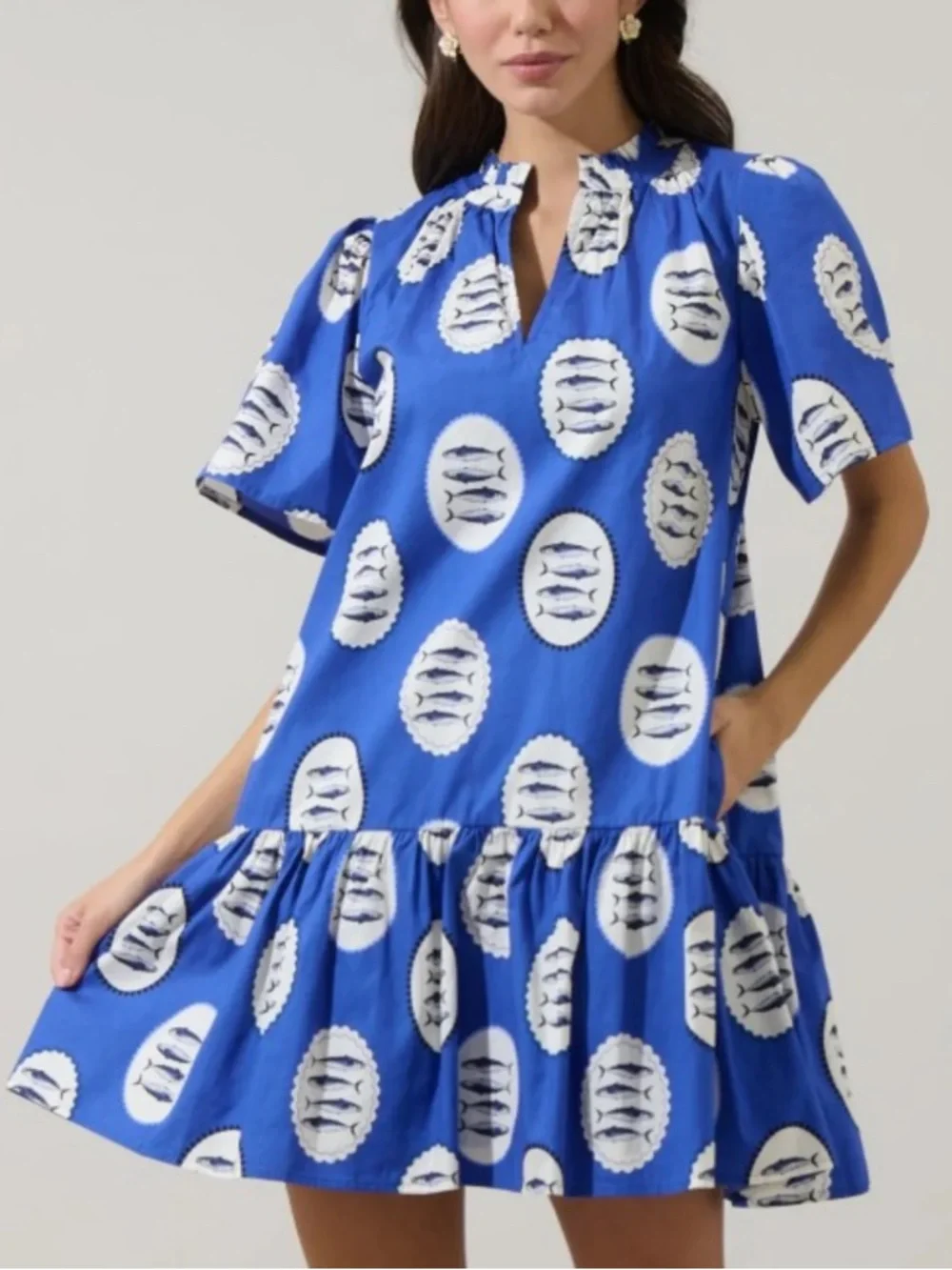 Sugarlips Sardine Sea Azari Shift Mini Dress Blue & White Large NWT 100% Cotton - Picture 2 of 7
